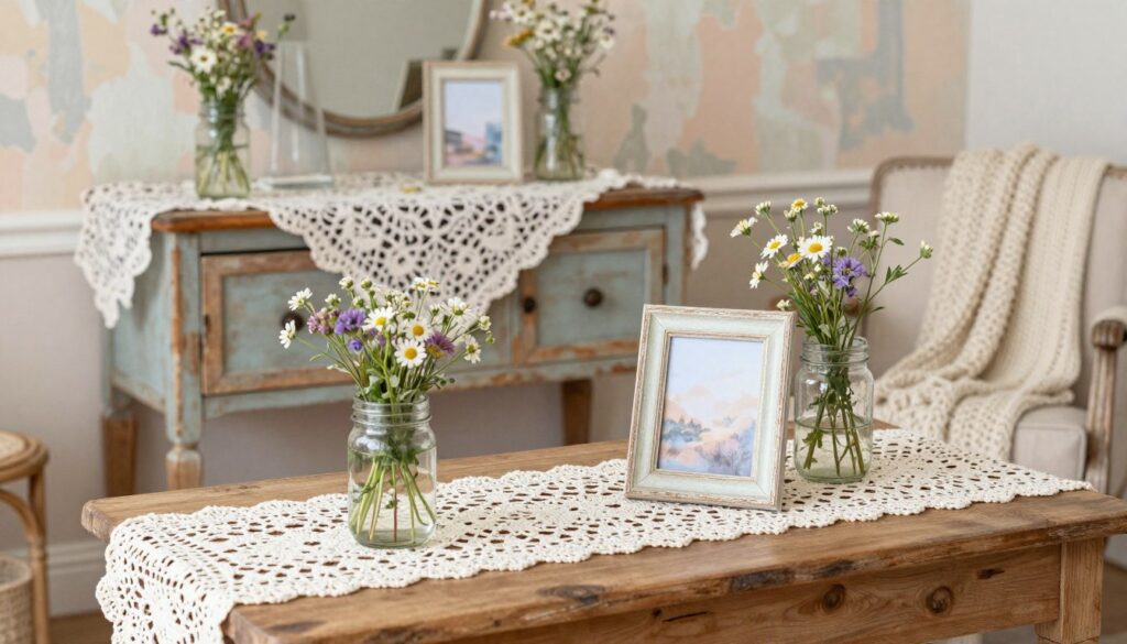 A beautifully arranged DIY Shabby Chic decoration scene, showcasing a rustic wooden table as the foreground element. On the table, display an assortment of handmade decor items, including vintage mason jars filled with delicate wildflowers, a distressed picture frame with a soft pastel-colored print, and a crocheted table runner. In the middle ground, set an antique sideboard adorned with chalk-painted wooden accents and an intricately patterned tablecloth. The background features a softly lit room with peeling wallpaper, soft pastel colors, and a cozy armchair draped with a knitted throw, enhancing the warm, inviting atmosphere. Use natural lighting for a soft glow, with a slight vignette effect to draw attention to the DIY projects in focus. Aim for a serene, charming ambiance that invites creativity and comfort.