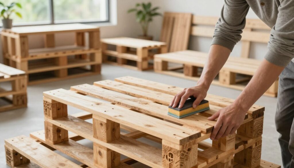 A beautifully arranged scene showcasing the care and maintenance of pallet furniture. In the foreground, a person wearing modest casual clothing is gently sanding a wooden pallet shelf with a sanding block, illustrating hands-on maintenance. The middle ground features a well-lit workshop filled with various pallet furniture pieces, such as rustic shoe racks and benches, each showcasing a natural wood finish. In the background, soft natural light filters through a large window, highlighting greenery from outside, creating a serene and inviting atmosphere. The overall mood is calm and productive, emphasizing the simplicity and beauty of upcycling pallets into functional furniture. The composition should be shot from a slightly elevated angle to capture both the subject in action and the charming setting.