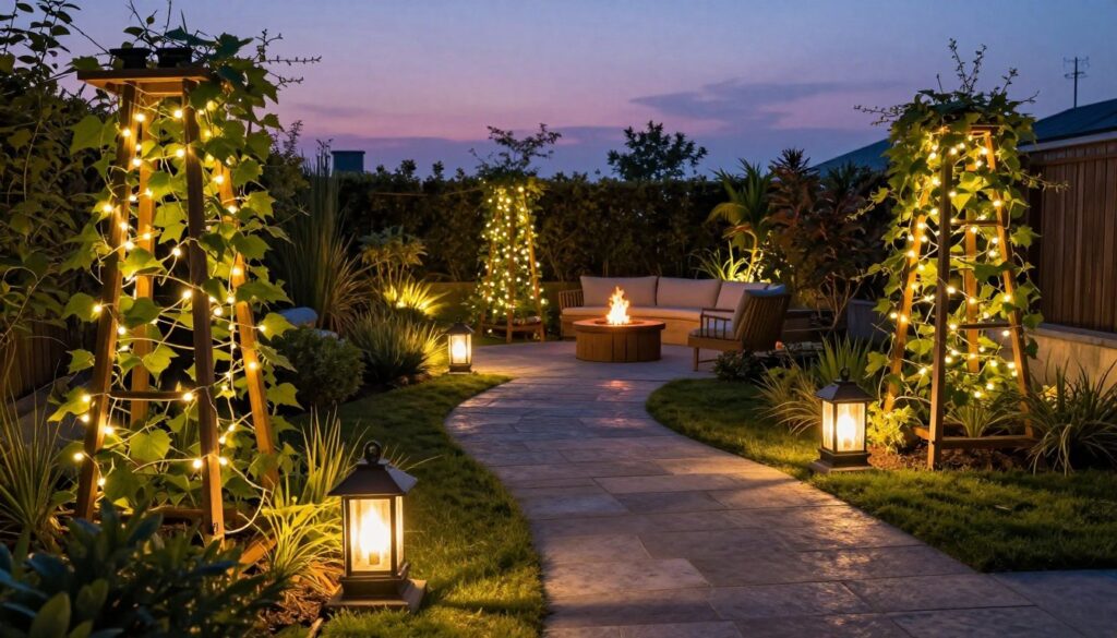 A beautifully designed garden illuminated at dusk, showcasing a variety of creative outdoor lighting ideas. In the foreground, elegant solar-powered garden lights and tasteful string lights drape over wooden trellises adorned with climbing vines. The middle ground features rustic lanterns placed along a winding stone pathway, softening the shadows and creating a warm ambiance. In the background, a cozy seating area with a fire pit is gently lit by soft LED lights hidden among lush greenery, promoting a serene atmosphere. Capture the scene from a slightly elevated angle, highlighting the interplay of light and shadow against a twilight sky in pastel shades of purple and blue. The overall mood should be inviting and tranquil, evoking a sense of peace and comfort in outdoor living.