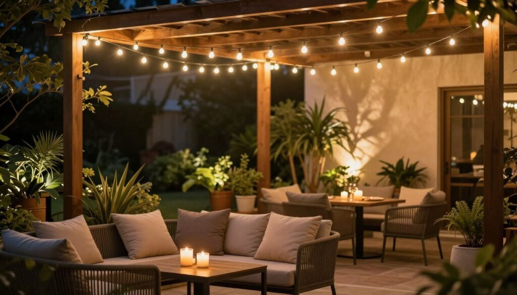A beautifully designed terrace illuminated with string lights hanging delicately across wooden beams, casting a warm, inviting glow. In the foreground, a cozy seating arrangement features stylish outdoor furniture adorned with plush cushions. The middle ground showcases lush potted plants and a small table set for an evening gathering, with flickering candles adding an ambient touch. In the background, a softly lit garden creates a serene atmosphere, with gentle shadows playing on the textured walls. The scene is captured in a shallow depth of field, with a warm color palette that evokes comfort and relaxation, highlighting a tranquil nighttime setting perfect for socializing or unwinding outdoors.