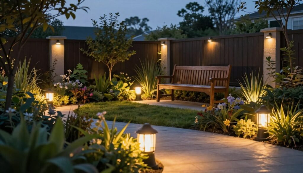 A beautifully illuminated garden at dusk, emphasizing safety features in outdoor lighting design. In the foreground, soft, warm LED garden lights line a winding pathway, casting inviting glows on well-maintained foliage. In the middle ground, strategically placed spotlighting highlights a sturdy wooden bench and ornamental plants, creating cozy seating areas that are well-lit for visibility. The background features a secure, tall fence adorned with carefully installed motion-sensor lights, emphasizing security without compromising aesthetics. The scene captures a serene ambiance with a twilight sky, utilizing soft focus to enhance the warmth and tranquility of the setting. The lighting is carefully balanced, capturing an inviting yet secure atmosphere for evening gatherings in the garden.