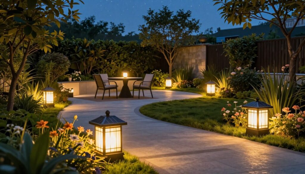 A beautifully landscaped garden at dusk, featuring energy-efficient solar garden lights that emit a warm, inviting glow. The foreground showcases elegant solar-powered lanterns and pathway lights lined along a winding garden path, surrounded by lush greenery and colorful flowers. In the middle ground, a cozy seating area with a stylish outdoor table is illuminated by soft ambient lighting, enhancing the inviting atmosphere. The background displays tall trees and a clear night sky, accentuated by twinkling stars, creating a serene and tranquil setting. The lighting should emphasize the eco-friendly theme with a soft, golden glow, captured with a wide-angle lens to encompass the entire scene, conveying a luxurious yet sustainable outdoor lighting experience.