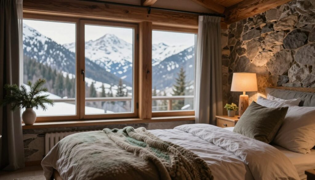 A cozy Alpine-style bedroom featuring a harmonious color palette inspired by nature. In the foreground, a beautifully made bed with soft, neutral bedding and a plush blanket in shades of beige and earthy greens. On the bedside table, a rustic wooden lamp emits a warm, inviting glow, and a few sprigs of fresh evergreens are arranged in a simple vase. In the middle ground, large windows reveal a breathtaking view of the snow-capped mountains and forest, allowing natural light to create a tranquil atmosphere. The background showcases wooden beams and natural stone walls, emphasizing the rustic elegance of the Alpine design. The overall mood is serene, inviting, and comforting, perfect for a personal retreat. Soft focus, wide-angle view, warm lighting.
