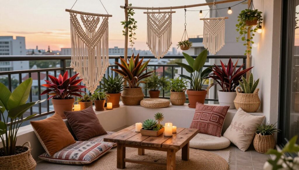 A cozy Boho balcony setup showcasing a DIY project, filled with handcrafted decorations such as macramé hangings, potted plants with vibrant foliage, and cushions featuring earthy tones. In the foreground, a rustic wooden table adorned with candles and a small succulent garden. The middle layer includes comfortable floor seating with patterned textiles and woven baskets, complemented by string lights for ambiance. In the background, cityscape elements fade into the distance, illuminated by warm sunset light. The atmosphere is tranquil and inviting, capturing the essence of a personal oasis. Use a warm color palette to evoke a sense of comfort and creativity, focusing on soft textures and organic shapes.