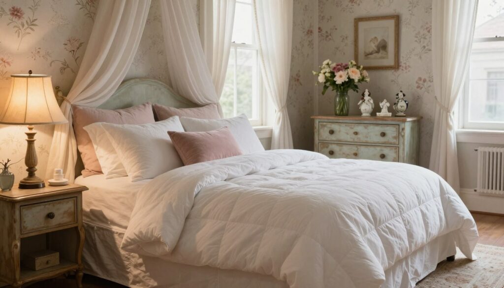 A cozy Shabby Chic bedroom scene, featuring a beautifully made oversized white quilted bed adorned with soft pastel pillows. The foreground showcases a vintage wooden nightstand with an antique lamp casting a warm, gentle glow. In the middle, a distressed dresser displays a collection of delicate porcelain figurines and fresh flowers in a mason jar, exuding a romantic atmosphere. In the background, soft drapes billow gently from an open window, allowing in natural light that highlights the subtle textures of faded floral wallpaper. A softly knit area rug lies on the floor, adding warmth. The overall mood is inviting and serene, with a charming, rustic elegance that defines Shabby Chic design.