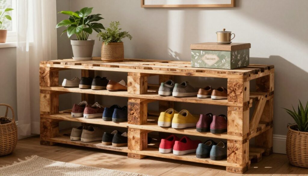 A cozy and inviting scene featuring vintage wooden pallet shoe racks, elegantly arranged in a small, stylish apartment. In the foreground, showcase a beautifully crafted pallet shoe shelf, adorned with a variety of shoes in vibrant colors. The middle ground includes tasteful home decor items, such as potted plants and decorative boxes, adding character and warmth. In the background, soft natural light filters through a window with sheer curtains, casting gentle shadows and highlighting the textures of the wood. Use a warm color palette to evoke a nostalgic atmosphere, emphasizing rustic charm. Capture the image from a slightly elevated angle, allowing for a clear view of the shoe racks and their surroundings, while maintaining a sense of coziness and functionality.