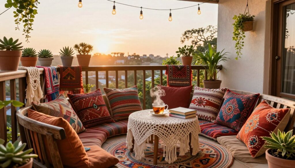 A cozy bohemian-style balcony, adorned with vibrant cushions in earthy tones, intricately woven textiles hanging from a wooden railing, and potted plants in various sizes, including succulents and cascading greenery. In the foreground, a vintage wooden bench with colorful throw pillows invites relaxation. In the middle ground, a small round table is set with a macramé table runner, a steaming cup of herbal tea, and a few scattered books. In the background, a soft golden hour sunlight filters through a canopy of hanging fairy lights, creating a warm, inviting atmosphere. The scene conveys tranquility and creativity, with a wide-angle perspective to emphasize the balcony's charm and inviting décor.