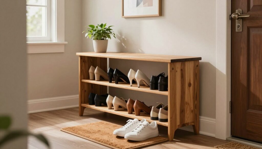 A cozy entrance hallway featuring a well-organized shoe rack as the focal point. In the foreground, the shoe rack is made of natural wood, displaying various pairs of neatly arranged shoes, from elegant heels to casual sneakers. The middle area showcases a small decorative mat in front of the rack, with a couple of pairs of shoes resting on it. In the background, soft natural light filters through a nearby window, creating a warm and inviting atmosphere. The walls are adorned with subtle, neutral tones, complemented by houseplants on a ledge to add a touch of greenery. The entire scene reflects a sense of care and maintenance, visually emphasizing the importance of shoe care and the neat arrangement of footwear. Capture this from a slightly angled perspective to highlight depth and detail.