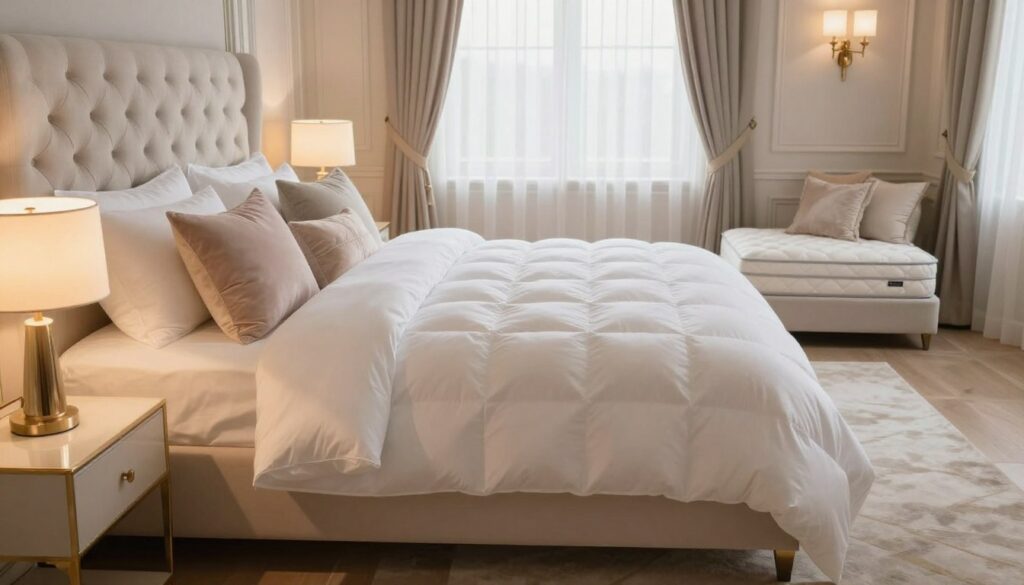 A luxurious bedroom featuring an elegant, king-sized bed with a plush, tufted headboard, dressed in high-thread-count white linens and an inviting, oversized down comforter. Fluffy, decorative pillows in soft pastels create a cozy atmosphere. In the foreground, a chic bedside table displays a modern lamp emitting a warm, golden glow. The middle ground showcases a stylish rug that complements the room's color palette, while a sumptuous mattress peeks from behind the bedding, emphasizing comfort. In the background, a tastefully arranged window with sheer curtains lets in soft, natural light, enhancing the serene ambiance. The overall mood is tranquil and opulent, reminiscent of a luxurious hotel suite, inviting relaxation and comfort. The angle captures the full grandeur of the space, showcasing its lavish design elements without any distractions.