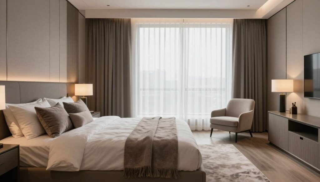 A luxurious modern bedroom interior, showcasing a harmonious blend of soft neutral tones such as taupe, dove gray, and creamy white accents. The foreground features an elegantly styled king-size bed, adorned with plush, textured pillows and a luxurious throw blanket. Flanking the bed are stylish nightstands with tasteful modern lamps casting a warm, ambient glow. In the middle ground, a sleek, plush area rug underlines the arrangement, while a trendy accent chair invites relaxation. The background reveals a large window draped with elegant sheer curtains, allowing natural light to filter in and creating a serene atmosphere. The overall mood exudes sophistication, tranquility, and comfort, inspiring a hotel-like feel in a modern home setting. Soft shadows enhance the room's depth, with a wide-angle perspective that captures the spaciousness of this elegant sanctuary.