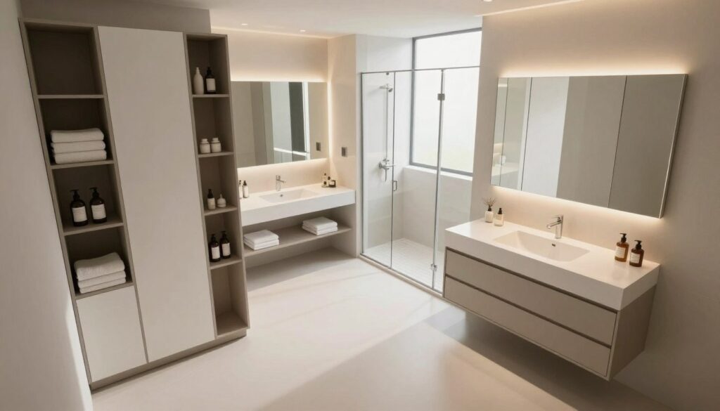 A modern, elegantly designed bathroom featuring integrated storage solutions. In the foreground, sleek, minimalist cabinetry and shelves blend seamlessly into the walls, showcasing neatly organized towels and toiletries. The middle ground reveals a stylish vanity with a large mirror, illuminated by warm, ambient lighting, creating a welcoming atmosphere. The background showcases a spacious walk-in shower with glass doors, and natural light streaming through frosted windows enhances the sense of openness. The color palette includes soft whites and muted earth tones, evoking calm and sophistication. The image captures a tranquil mood, ideal for inspiring elegant design ideas. The perspective is slightly angled from above, providing a comprehensive view of the space without any human figures present.