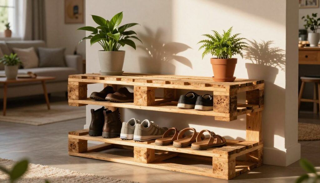 A rustic shoe rack made from wooden pallets, showcasing a blend of natural textures and warm tones. In the foreground, the shoe rack stands against a sunlight-drenched wall, with neatly arranged footwear in various styles—boots, sneakers, and sandals. The middle ground features vibrant green plants in stylish pots, adding a touch of nature to the scene. In the background, softly blurred elements of a cozy apartment surround the shoe rack, such as a part of a living room with eclectic decor. The lighting is warm and inviting, simulating late afternoon sunlight pouring through a window, casting gentle shadows. The overall atmosphere is one of homely charm and practicality, making it ideal for small living spaces.
