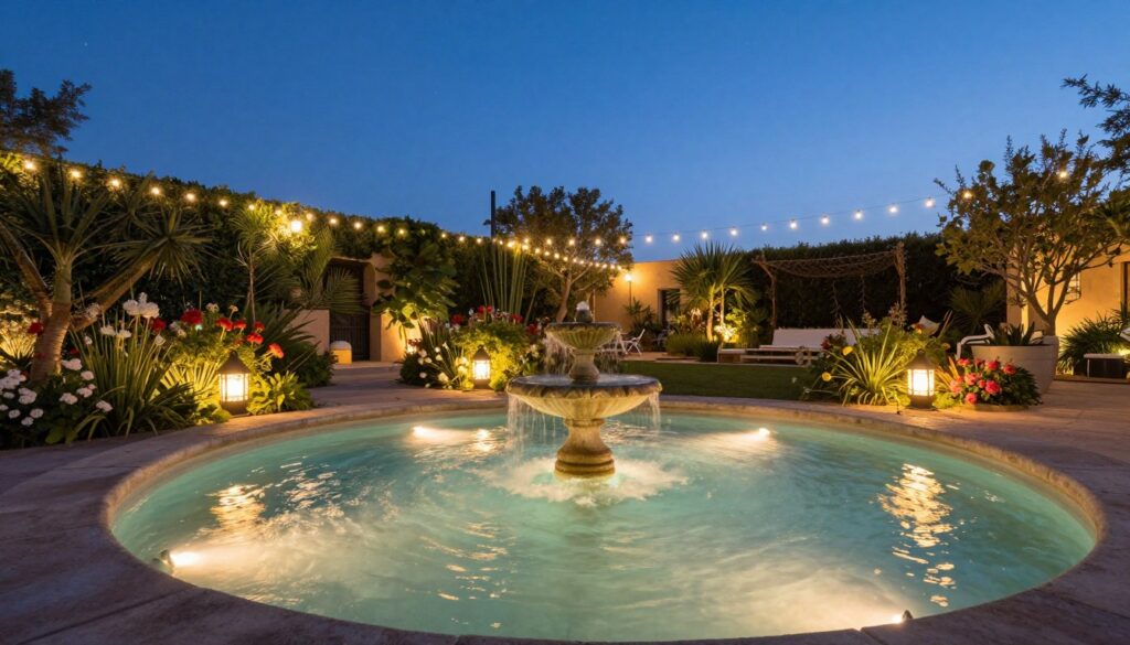 A serene Mediterranean garden at dusk, featuring an elegant water feature, such as a small fountain or pond, illuminated by warm, inviting creative lighting. In the foreground, soft azure lights cast a gentle glow onto flowing water, creating shimmering reflections. The middle ground showcases lush greenery and blooming flowers, harmonizing with the innovative lighting design. Lanterns and subtle string lights overhead enhance the ambiance. In the background, a clear twilight sky transitions to a deep blue, dotted with faint stars. The scene captures a tranquil, vacation-like atmosphere, inviting relaxation and a sense of calm. The lighting is soft and ambient, designed to accentuate the beauty of the garden and the water feature without overpowering them.