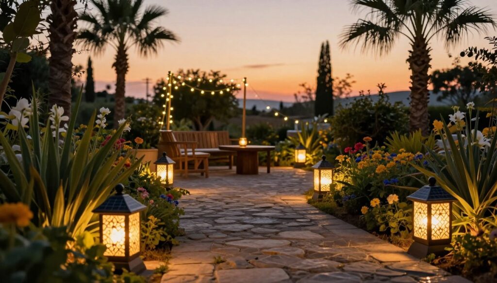 A serene Mediterranean garden at dusk, featuring elegantly designed solar garden lights that create a warm, inviting glow. In the foreground, various solar lanterns with intricate patterns illuminate a cobblestone path, surrounded by lush, green plants and colorful flowers. The middle ground showcases a small seating area made of rustic wood, accentuated by flickering solar-powered fairy lights strung above. In the background, a gentle sunset casts a golden hue over the scene, with palm trees silhouetted against the vibrant sky. The overall atmosphere should evoke a sense of tranquility and sustainability, highlighting eco-friendly lighting that enhances the natural beauty of the garden. Soft focus on the foreground elements, shot from a low angle to capture the depth and warmth of the scene.