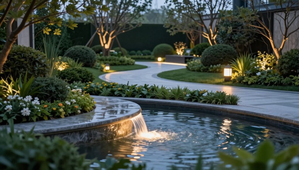 A serene and elegant garden at dusk, featuring exquisite outdoor lighting integrated with water features. In the foreground, a gently flowing stone fountain is illuminated by soft, warm lights, reflecting on the water's surface. Lush greenery and flowering plants surround the fountain, enhancing the natural beauty. In the middle ground, strategically placed LED lights highlight winding pathways and decorative shrubs, creating an inviting atmosphere. In the background, tall trees softly backlit, adding depth to the scene. The overall mood is tranquil and luxurious, designed to evoke a sense of peace and sophistication. The composition is framed from a low angle, capturing the intricate details of the lighting and water features, with a shallow depth of field to emphasize the foreground.