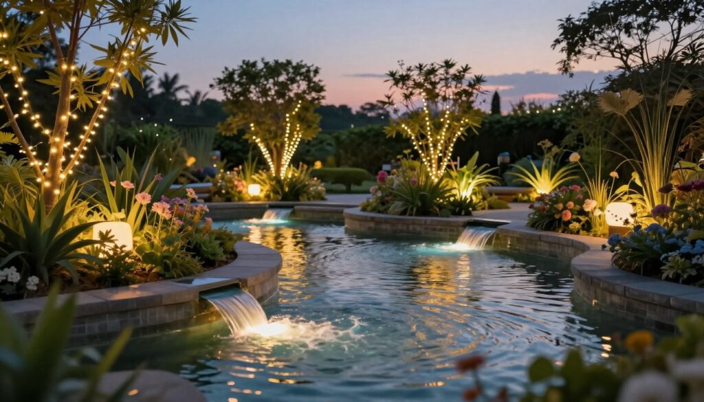 A serene garden scene at twilight, showcasing innovative lighting installations that create a warm and inviting atmosphere. In the foreground, elegant water features with gentle flowing streams are illuminated by soft, colorful lights, casting reflections on the water’s surface. The middle ground features a variety of plants and flowers, subtly lit by string lights draped elegantly overhead, creating a whimsical ambiance. In the background, a lush greenery landscape fades into a twilight sky, dotted with soft stars. The overall mood is tranquil and enchanting, evoking a sense of comfort and relaxation. Use a wide-angle lens to capture the depth of the scene, emphasizing the interplay of light and shadows, with a soft focus to enhance the dreamlike quality.