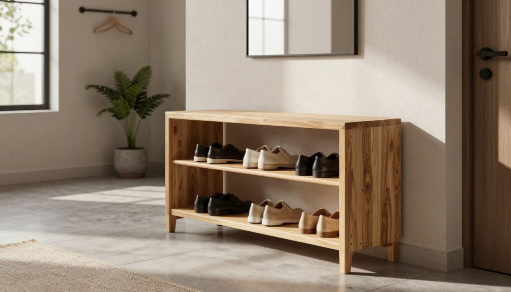 A sleek, minimalist shoe rack designed with clean lines and a modern aesthetic takes center stage. The foreground features an elegant, wooden shoe rack in a light oak finish, displaying a variety of neatly arranged shoes. The middle ground showcases a stylish entryway with muted colors, adorned with a potted plant and a simple coat hanger. Soft, diffused natural lighting filters through a nearby window, casting gentle shadows and creating a warm atmosphere. The background includes subtle elements like a textured wall and a minimalist mirror, enhancing the contemporary feel. The overall composition conveys a sense of order and sophistication, ideal for a modern home entrance. The angle captures the entire shoe rack and its surroundings, emphasizing spatial harmony.