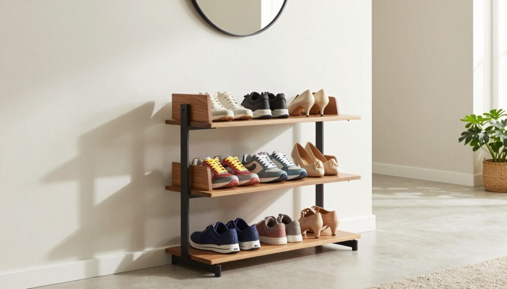 A stylish and modern shoe rack showcasing innovative design elements, standing against a clean, light-colored wall in a bright hallway. The shoe rack features a combination of wood and metal materials, with varying shelf heights and creative geometric shapes. On the middle shelves, an array of colorful sneakers and elegant heels are neatly displayed. Soft, natural light filters through a nearby window, casting gentle shadows that enhance the textures of the materials. In the background, a minimalist round mirror and a small potted plant complement the scene, adding a sense of tranquility. The overall atmosphere is inviting and inspiring, highlighting contemporary design trends in home decor. The image is captured from a slightly angled perspective, emphasizing the rack's unique structure and functionality.