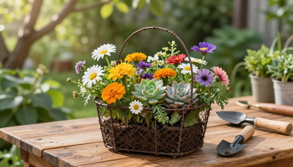 DIY Drahtkorb Deko im Garten