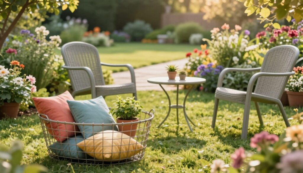 Drahtkorb mit Gartenmöbeln