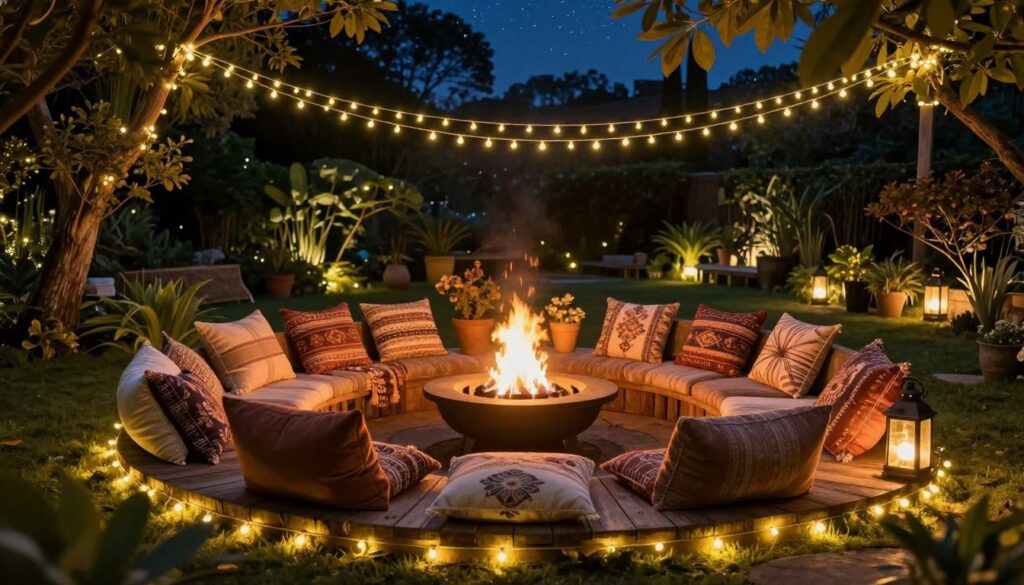 dekorative Sitzecke im Garten mit Nachtbeleuchtung