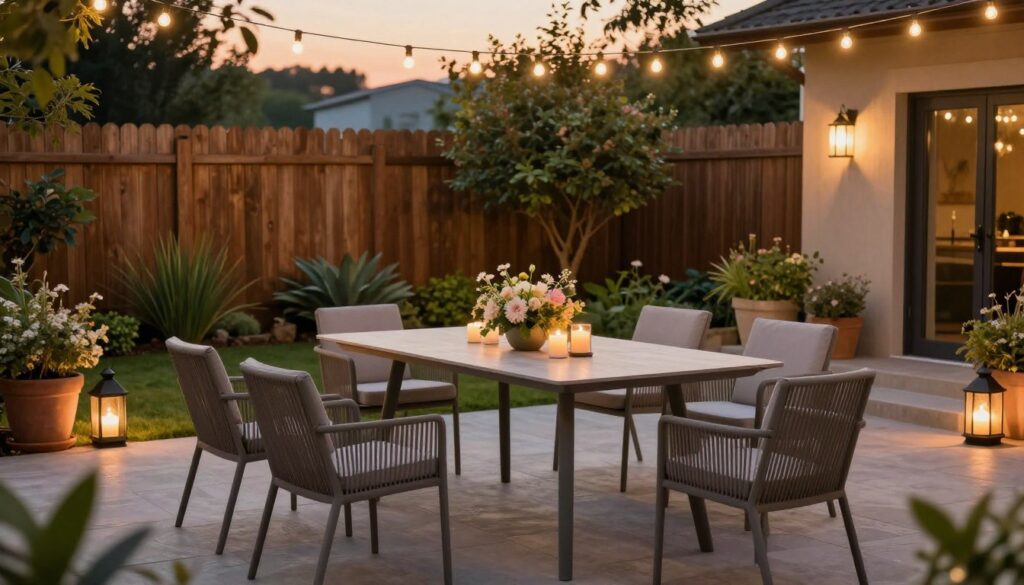 A beautifully arranged garden decor scene featuring stylish outdoor furniture, highlighting a modern terrace table surrounded by elegant chairs. In the foreground, the table is adorned with an artistic centerpiece of fresh flowers and candles, creating a welcoming atmosphere. The midground shows lush greenery with potted plants and decorative lanterns placed strategically among them, adding warmth and character. In the background, the scene is framed by a charming wooden fence and soft, glowing string lights overhead that enhance the evening ambiance. The lighting is soft and warm, suggesting a cozy sunset, captured with a wide-angle lens to embrace the entire setting. The mood is inviting and tranquil, perfect for an outdoor gathering.