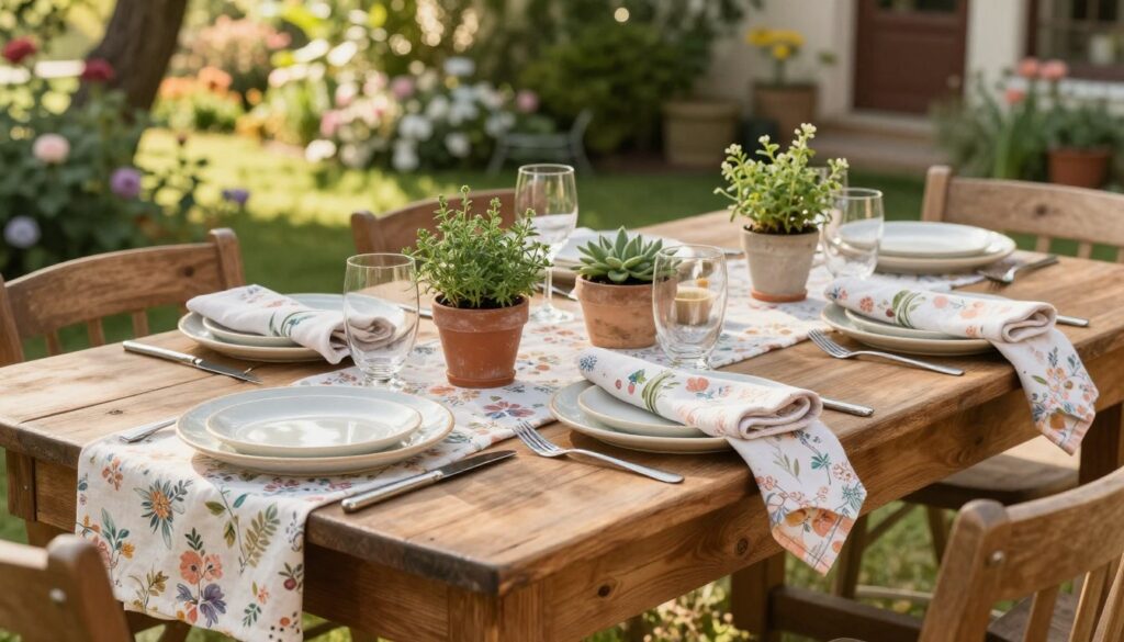 A beautifully arranged outdoor dining table, adorned with inviting table linens and elegant napkins in soft pastel tones. The foreground features a rustic wooden table set for an al fresco meal, with a delicate floral table runner and matching cloth napkins neatly folded at each place setting. The middle ground showcases charming ceramic plates and cutlery, complemented by small potted herbs as centerpieces. In the background, lush greenery and blooming flowers create a serene garden atmosphere, dappled with warm sunlight filtering through tree leaves. The scene evokes a cozy, inviting mood, perfect for casual gatherings in the outdoor space. Capture the image from a slightly elevated angle to highlight the table's decor, with a focus on the intricate details of the textiles and the vibrancy of the surrounding nature.