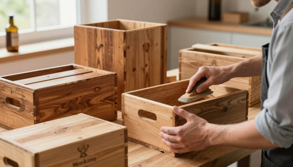 A beautifully arranged still life featuring rustic wine crates (Weinkisten) in various states of care and maintenance. In the foreground, a person wearing casual yet professional clothing is gently sanding an old wooden crate, showcasing the process of restoring its natural beauty, with a focused expression. The middle ground includes several wine crates, some polished to a shine, while others display the intricate grain of the wood, highlighting the love and attention they receive. The background features a well-lit workspace with soft, natural light filtering through a window, creating a warm and inviting atmosphere. The scene conveys a sense of tranquility and craftsmanship, inviting viewers to appreciate the art of caring for these decorative items.