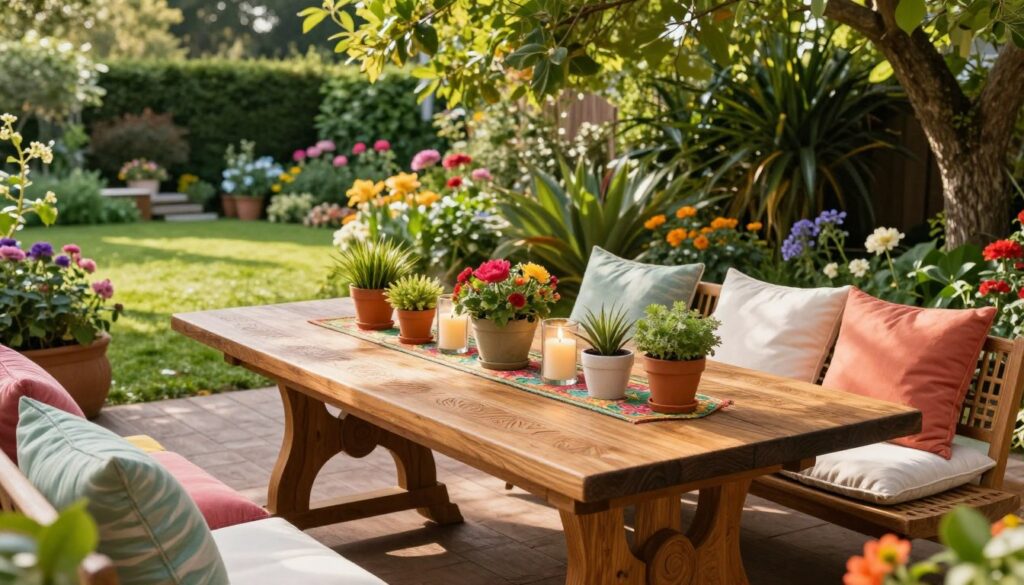 A beautifully crafted DIY terrace table adorned with vibrant decorations, set in a lush outdoor garden. In the foreground, the table features a smooth wooden surface with intricate carvings, surrounded by colorful potted plants and flickering candles in glass holders. The middle ground showcases a cozy seating arrangement with comfortable cushions, inviting relaxation. In the background, a picturesque garden with blooming flowers and verdant foliage creates a serene atmosphere. Soft, natural sunlight filters through the trees, casting gentle shadows. The image captures a warm and inviting mood, perfect for summer gatherings. Use a wide-angle lens to emphasize the inviting space and make it feel expansive and welcoming.