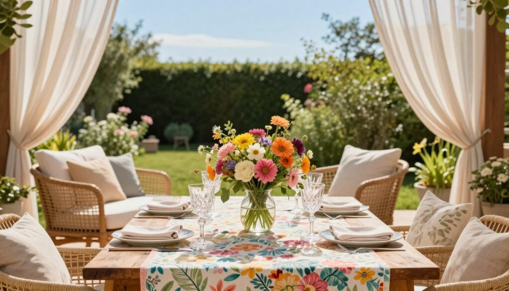A beautifully decorated terrace table set for summer. In the foreground, a rustic wooden table is adorned with a vibrant tablecloth, showcasing pastel floral patterns. Centered on the table, a large arrangement of colorful summer flowers in a glass vase draws attention, surrounded by elegant dinnerware and crystal glasses that glisten in the sunlight. In the middle ground, a cozy seating area with comfortable, woven chairs and soft cushions invites relaxation. Light, airy sheer curtains flutter gently in the breeze, framing the scene. The background features lush greenery, blooming plants, and a clear blue sky, creating a warm and inviting atmosphere. The lighting is bright and cheerful, evoking a sunny summer day, perfect for outdoor dining.