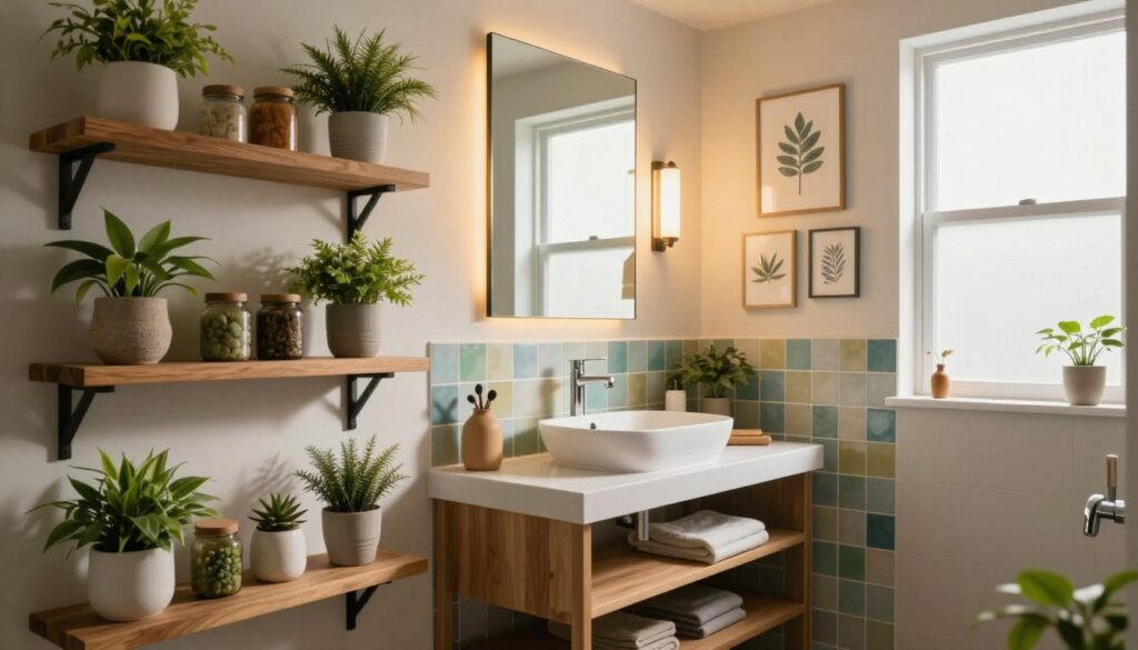 A beautifully designed bathroom featuring a variety of DIY elements that create a modern ambiance. In the foreground, showcase stylish wooden shelves filled with neatly organized plants and decorative jars. In the middle, highlight a sleek, minimalist vanity with a vessel sink, surrounded by mirrors reflecting warm light. Accentuate the walls with vibrant tiles and a creative gallery of framed artworks or botanical prints. In the background, include soft natural lighting through a frosted window, casting gentle shadows and enhancing the inviting atmosphere. The overall mood should be calm and inspiring, ideal for a contemporary bathroom setting. The scene conveys a blend of functionality and aesthetic appeal, perfect for DIY enthusiasts.