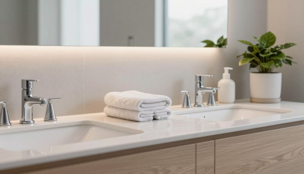 A beautifully designed modern bathroom featuring stylish furniture and accessories. In the foreground, a sleek, minimalistic wooden vanity with elegant chrome fixtures and a large mirror reflecting the serene atmosphere. The middle section showcases coordinated decorative elements, including a soft, plush towel set and chic ceramic containers for toiletries, adding warmth and character. In the background, subtle lighting highlights the calming color palette of soft grays and whites, creating a tranquil ambience. A tasteful houseplant sits in a corner, enhancing the fresh, inviting feel. The scene is captured with a soft focus lens at a slight angle, emphasizing the harmonious arrangement of furniture and decor, evoking a sense of relaxation and sophistication.