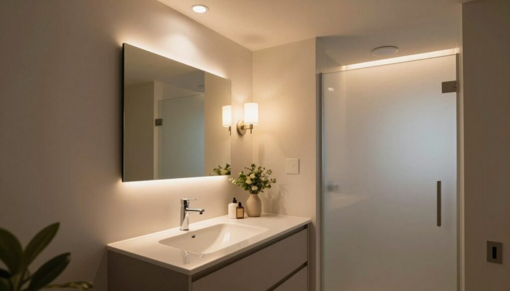 A beautifully designed small bathroom featuring innovative lighting concepts that enhance a cozy atmosphere. In the foreground, a sleek, modern bathroom vanity with integrated LED lighting reflects warm tones. The middle of the image showcases strategically placed ceiling spotlights and wall sconces, casting soft, inviting light on elegant fixtures such as a stylish mirror and contemporary sink. In the background, soft backlighting is visible around a frosted glass shower, creating a sense of depth. The overall color palette consists of soothing neutral tones with subtle accents of greenery to convey tranquility. The scene is illuminated softly, suggesting an evening ambiance, and the angle captures the space from a slightly elevated perspective to showcase the full design aesthetic.