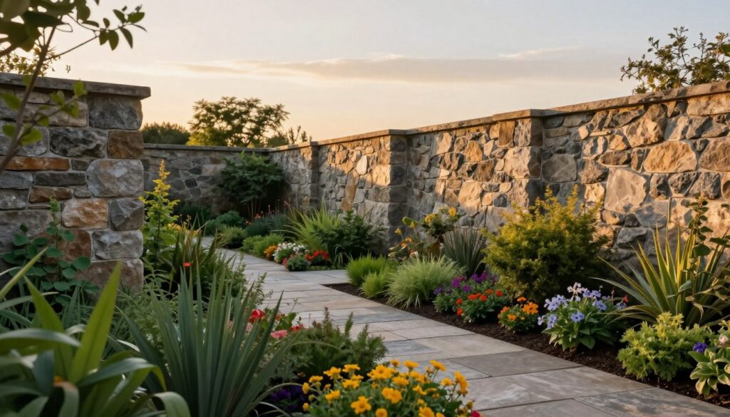 A beautifully landscaped garden showcasing sturdy stone walls as structural support. In the foreground, lush green plants and vibrant flowers are framed against a series of elegant, weathered stone walls, intricately designed to blend with nature. The middle ground features a diverse range of shrubs and flowering plants, accented by a quaint stone pathway that leads deeper into the garden. The background reveals a serene sky at golden hour, casting warm, diffused light that enhances the textures of the stones and foliage. A slight perspective angle captures the depth of the garden, creating an inviting and harmonious atmosphere that emphasizes the functional beauty of the walls. The overall mood is tranquil and inspiring, perfect for illustrating innovative garden design ideas.