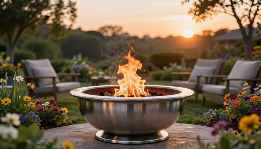 A beautifully maintained stainless steel fire bowl, positioned prominently in a cozy garden setting during the golden hour of sunset. In the foreground, the fire bowl gleams with a polished finish, showing off its meticulous care and attention to detail. Flames flicker gently inside, casting warm, inviting light. Surrounding the fire bowl, lush greenery and a variety of colorful flowers provide a vibrant contrast. In the middle ground, comfortable outdoor seating invites relaxation. In the background, soft-focus trees create a serene ambiance, with the warm colors of the setting sun illuminating the scene. The overall mood is tranquil and inviting, evoking a sense of warmth and comfort perfect for garden gatherings.