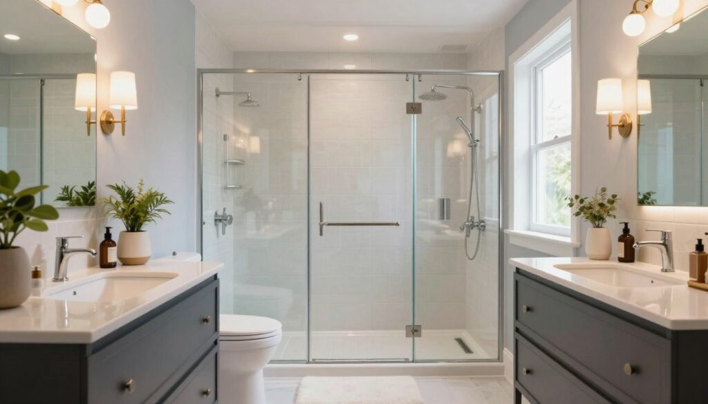 A beautifully renovated modern bathroom, showcasing elegant design tips for a stylish makeover. In the foreground, a freshly installed sleek vanity with a polished countertop, adorned with decorative plants and complementary toiletries. The middle layer features a stunning walk-in shower with glass doors, accented by contemporary tiles and subtle lighting that creates a warm ambiance. The background reveals airy windows allowing natural light to flood in, enhancing the cozy atmosphere. The color palette consists of soft whites, blues, and earthy tones, promoting tranquility. Capture this scene from an eye-level angle to convey a sense of spaciousness and warmth. The overall mood is inviting and inspiring, encouraging viewers to envision their own bathroom renovation journey.