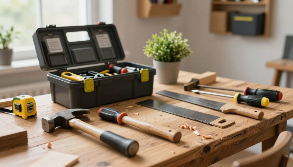 A collection of essential DIY wardrobe tools arranged artistically on a rustic wooden workbench. Foreground features various tools such as a measuring tape, hammer, saw, and screwdriver, each meticulously laid out with hints of wood shavings nearby. The middle ground showcases a neatly organized toolbox, open to reveal more tools, with a small potted plant adding a touch of greenery. In the background, soft natural light filters through a window, illuminating the workspace, while a wall lined with storage solutions provides context. The atmosphere feels warm, inviting, and creative, emphasizing the DIY spirit. The image captures a sense of readiness for crafting innovative wardrobe solutions.