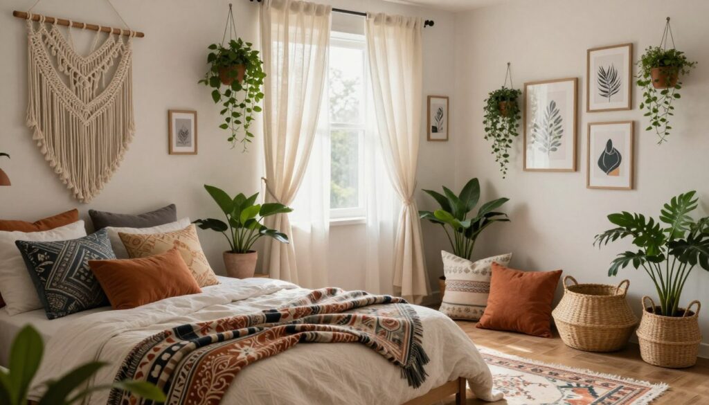 A cozy bohemian bedroom filled with personalized touches and DIY projects. The foreground features a beautifully made bed with patterned throws and an array of colorful pillows. A delicate macramé wall hanging hangs above the bed. In the middle, soft natural light filters through sheer, textured curtains, illuminating handmade decor items like potted plants, a vintage rug, and a woven basket. The background showcases a wall adorned with framed artistic prints and lush greenery, creating a serene atmosphere. The scene is inviting and warm, invoking a sense of relaxation and creativity, captured with a soft focus lens at a slight angle to enhance depth.