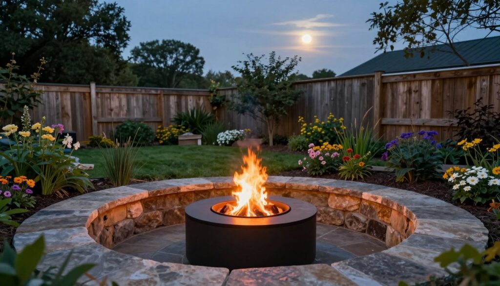 A cozy outdoor space featuring a modern garden fire pit in the foreground, surrounded by a circle of natural stone seating. The fire pit is gently ablaze, casting a warm orange glow that contrasts beautifully with the twilight sky. In the middle ground, lush greenery and blooming flowers create an inviting atmosphere, with soft grass underfoot. In the background, a rustic wooden fence and tall trees provide privacy and enhance the tranquil setting. The scene is softly illuminated by ambient moonlight, suggesting a serene evening. Utilize a wide-angle lens to capture the entire scene, with a focus on the fire pit as the centerpiece, evoking feelings of warmth, relaxation, and camaraderie.