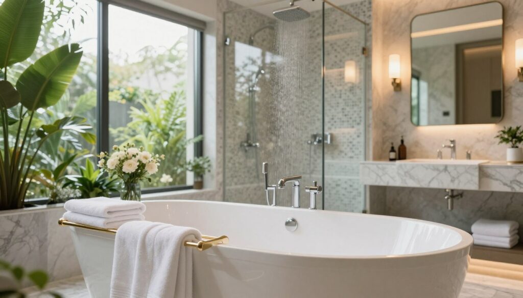 A luxurious bathroom oasis featuring a stunning freestanding bathtub surrounded by elegant marble surfaces and ambient greenery. In the foreground, soft white towels are neatly arranged on a golden towel rack, while a delicate flower arrangement adds a touch of freshness. The middle ground showcases a spacious shower area draped with transparent glass, highlighting rainfall showerheads and mosaic tiles. In the background, large windows let in soft, natural light, illuminating the entire space. The atmosphere is serene and tranquil, with warm light fixtures enhancing the calming ambiance. A stylish, framed mirror reflects the beauty of this relaxation haven. This scene encapsulates a perfect blend of modern design and nature, creating an inspiring retreat for wellness and relaxation.