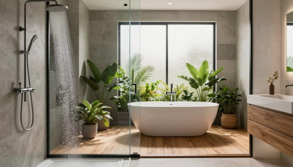 A modern bathroom featuring a sleek and stylish shower area, showcasing a contemporary design with glass panels and minimalist fixtures. In the foreground, the shower has a rainfall showerhead, with water droplets glistening in soft lighting. The middle ground highlights a freestanding bathtub, elegantly positioned on a wooden deck, surrounded by lush green plants for a fresh touch. The background includes chic tiles in muted colors, contributing to a serene atmosphere. Natural light floods the space through a frosted window, creating a warm and inviting ambiance. The entire scene is captured with a wide-angle lens to emphasize the spaciousness and elegance of the modern bathroom design.