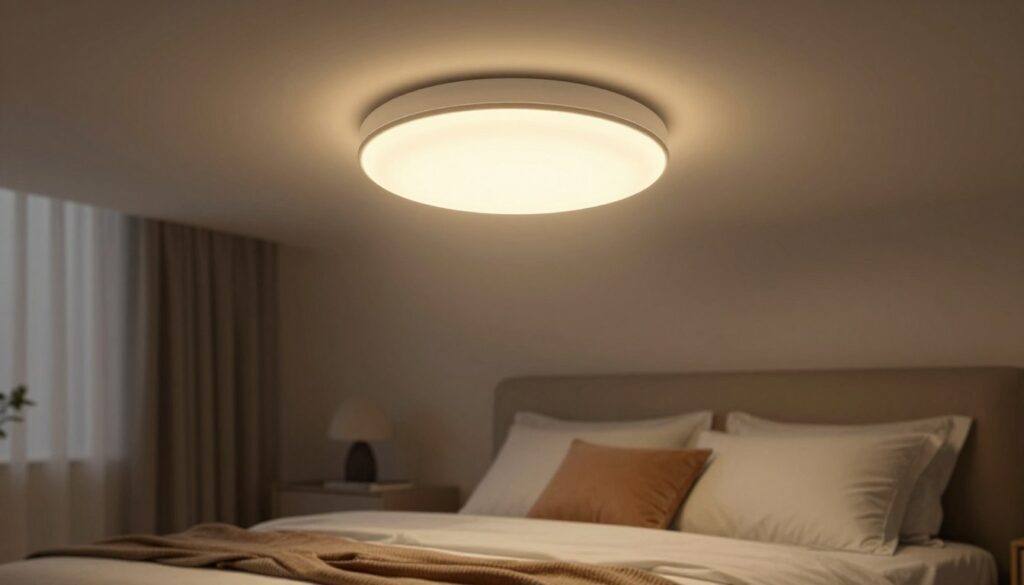 A modern, dimmable ceiling lamp designed for a stylish bedroom, showcasing its elegant fixture with warm LED lights gently illuminating the space. In the foreground, emphasize the sleek design of the lamp with a soft glow radiating downwards. In the middle ground, a cozy bedroom scene featuring a neatly made bed with plush pillows and a tasteful color palette, creating a serene ambiance. In the background, soft shadows of curtains and a small nightstand with a minimalist design complement the overall aesthetic. The composition should evoke a calming and inviting atmosphere, ideal for relaxation and sleep, captured with a soft focus lens and warm color tones to enhance the tranquil mood.
