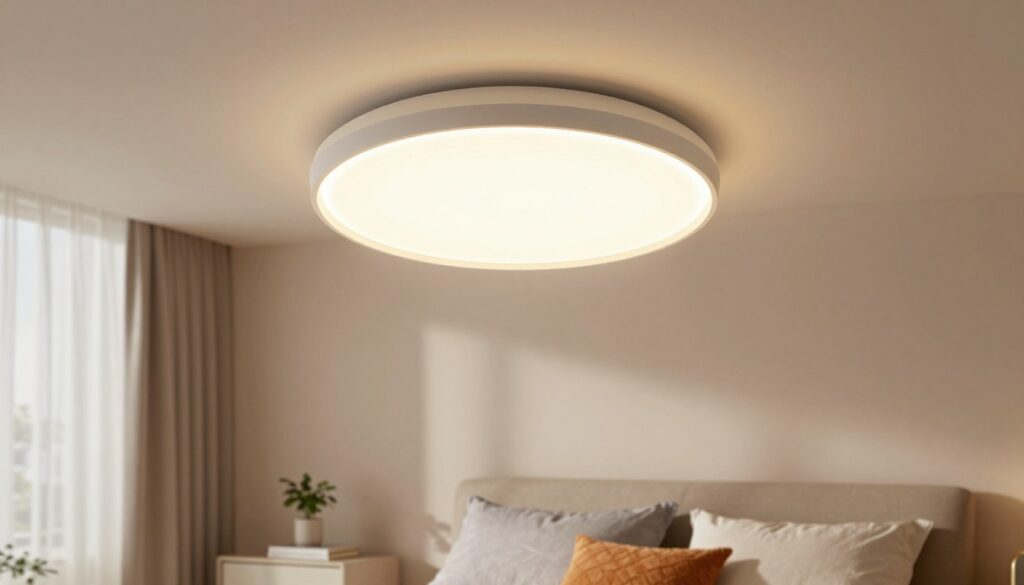 A modern dimmable ceiling lamp elegantly suspended in a cozy bedroom setting, showcasing a blend of minimalist design and functionality. The lamp features a sleek, circular shape with a warm white light intensity, casting a soft glow across the room. In the foreground, a stylish bedside table holds a small plant and a book, while colorful textured bedding adds depth in the middle ground. The background displays soft pastel wall colors and a window with sheer curtains, allowing natural light to filter in. The overall atmosphere is tranquil and inviting, ideal for various bedroom sizes. The scene is captured with a warm, diffused light effect, conveying comfort and relaxation.