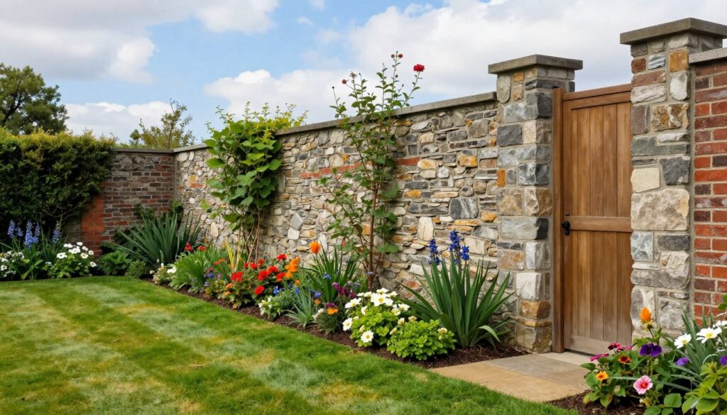 A picturesque garden scene featuring well-constructed garden walls, showcasing various materials such as stone, brick, and wood, along with decorative elements like climbing plants and flower beds. In the foreground, a lush green lawn contrasts with the textured walls, while a wooden gate invites exploration into the garden. In the middle ground, a neatly arranged flower bed complements the walls, filled with vibrant blooms of various colors, framing the scene. In the background, a bright blue sky with soft clouds illuminates the garden, creating a cheerful atmosphere. The perspective captures an inviting angle, highlighting the walls' structure and the garden's enchanting layout, ensuring a sense of harmony and order, reflecting the essence of garden regulations and aesthetics.