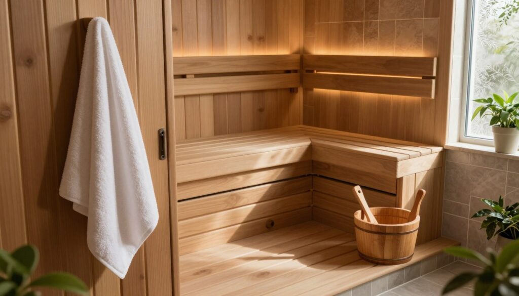 A serene and inviting bathroom featuring a beautifully maintained sauna, emphasizing the care and upkeep of the wellness space. In the foreground, a plush towel is neatly hung on a wooden sauna door, while wooden bath accessories, such as a wooden bucket and ladle, are arranged stylishly nearby. In the middle, the sauna—crafted from rich, warm wood—exudes a sense of tranquility, with ambient lighting softly illuminating its interior. The background showcases elegant tile work and lush greenery, enhancing the spa-like atmosphere. The scene is bathed in soft, natural light filtering through a frosted window, casting gentle shadows and creating a soothing mood. Capture this image with a slightly elevated angle to highlight the connection between the sauna and the rest of the bathroom space, promoting relaxation and self-care.