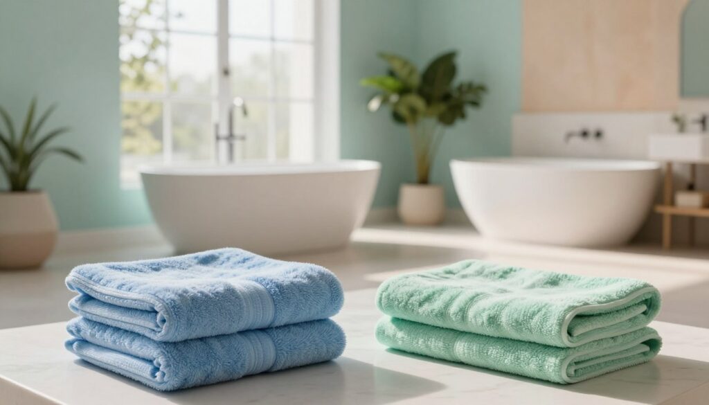 A serene and stylish bathroom interior showcasing the principles of color psychology. In the foreground, plush towels in calming shades of soft blue and gentle green are neatly arranged. In the middle, a modern freestanding bathtub is positioned near a large window, where natural light streams in, casting soft shadows. The walls are painted in soothing pastels, while accents of warm earth tones bring balance. In the background, a lush indoor plant adds a touch of nature, enhancing the tranquil atmosphere. The overall mood exudes relaxation and rejuvenation, perfect for a spa-like experience. Use a wide-angle lens to capture the spaciousness and invite the viewer into this calming retreat.