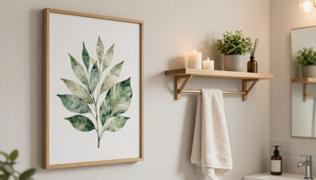 A serene and stylish bathroom wall decoration featuring an elegant combination of natural elements and modern design. In the foreground, there's a beautifully framed botanical wall art piece with green leaves and soft hues. In the middle, sleek wooden shelves display minimalistic decor items such as candles and small potted plants, while a plush towel is neatly hung. In the background, a light-colored wall with subtle textures creates a soothing atmosphere. Warm, natural lighting illuminates the space, enhancing the tranquil vibe. The angle captures the depth of the room, inviting the viewer into this peaceful sanctuary, embodying creative ideas for bathroom wall decor.