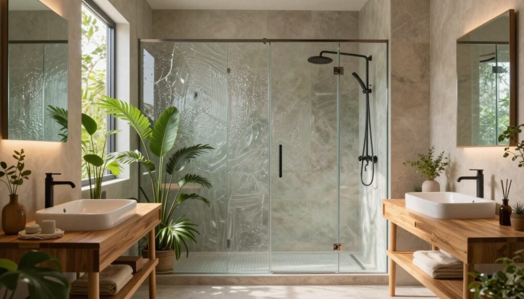 A serene and stylish sustainable bathroom, featuring eco-friendly materials like bamboo, recycled glass, and natural stone. In the foreground, a sleek wooden vanity topped with a minimalist sink that emphasizes simplicity and elegance. The middle ground showcases a shower made of clear, recycled glass and surrounded by lush indoor plants, bringing a touch of nature indoors. The background reveals soft, natural light filtering through a large window, highlighting the earthy tones and textures in the space. The atmosphere is calm and inviting, perfect for relaxation and rejuvenation, with warm lighting that casts gentle reflections on the surfaces. The composition captures the essence of sustainability in modern bathroom design, blending aesthetics with eco-conscious choices.