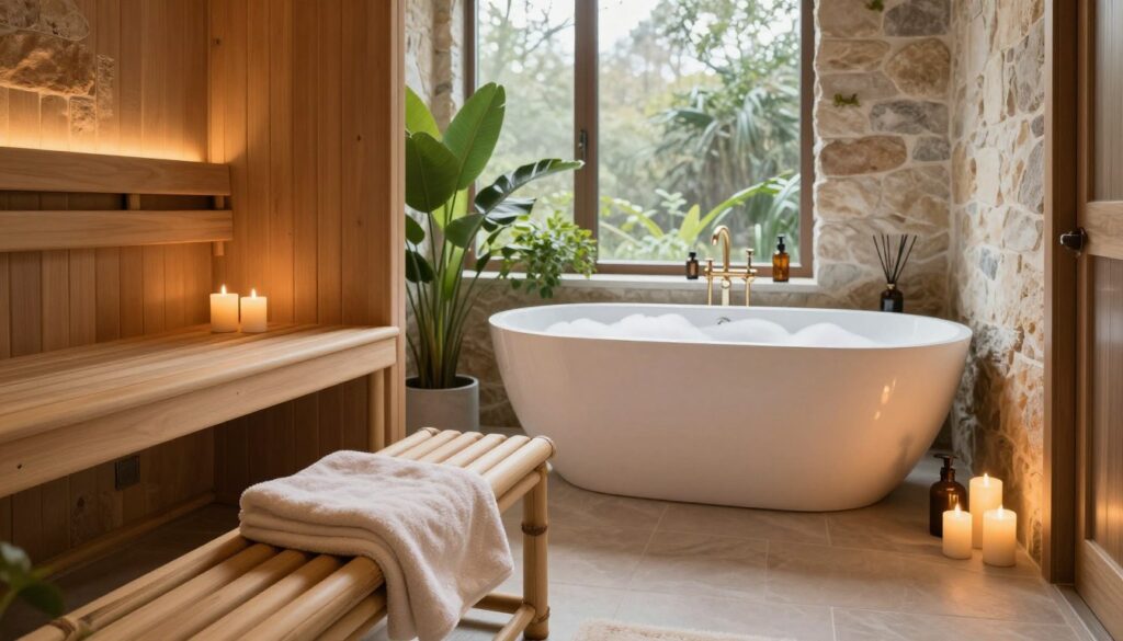A serene bathroom oasis featuring wellness elements, including a compact sauna in a cozy corner. In the foreground, a sleek bamboo bench draped with a soft, plush towel, and a few candles casting a gentle glow. The middle ground reveals a beautiful, freestanding bathtub filled with soft bubbles surrounded by lush green plants and aromatic oils. The background showcases a large window allowing soft, natural light to filter in, complemented by stone walls and subtle wooden accents. The atmosphere radiates relaxation, with warm lighting creating a soothing ambiance. This tranquil scene is captured with a wide-angle lens to convey an inviting and spacious feel, perfect for a wellness retreat at home.