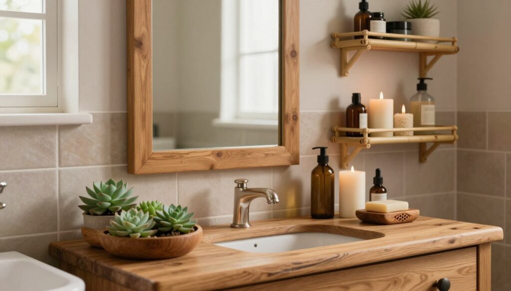 A serene bathroom setting accentuated with beautiful wooden decor elements. In the foreground, a rustic wooden vanity adorned with neatly arranged succulents and a beautifully crafted wooden soap dish. In the middle, a natural wood-framed mirror reflects soft, diffused lighting, creating a warm ambiance. To the side, a bamboo shelf displays artisan bath products, interspersed with delicate candles. The background reveals muted, earthy tiles that harmonize with the wood tones, while a small window lets in gentle sunlight, enhancing the inviting atmosphere. The scene conveys tranquility and a harmonious blend of nature and functionality, ideal for a calming bathroom retreat.